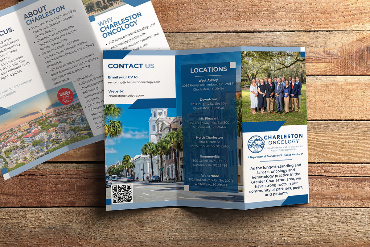 Charleston Oncology Brochure Mockup Charleston Oncology tri-fold brochure opened to show locations, contact details, and a staff group photo