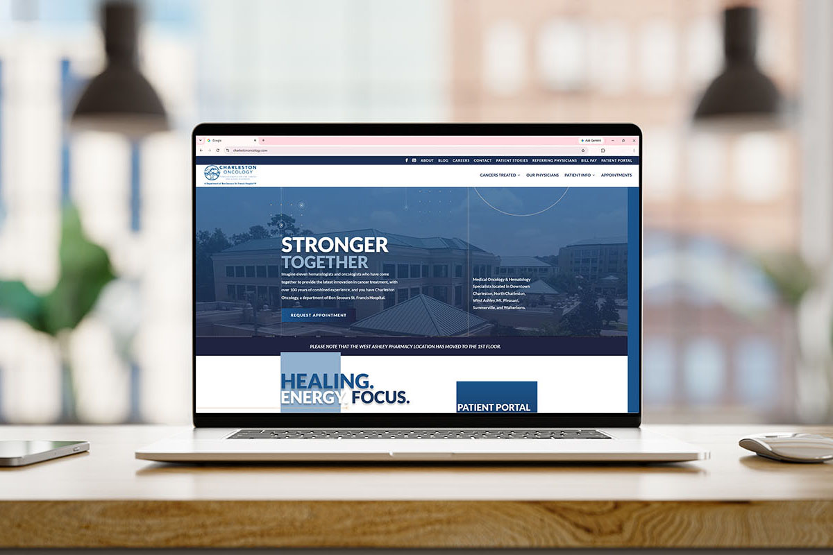 Charleston Oncology Website Charleston Oncology website homepage open on a laptop showing the Stronger Together hero