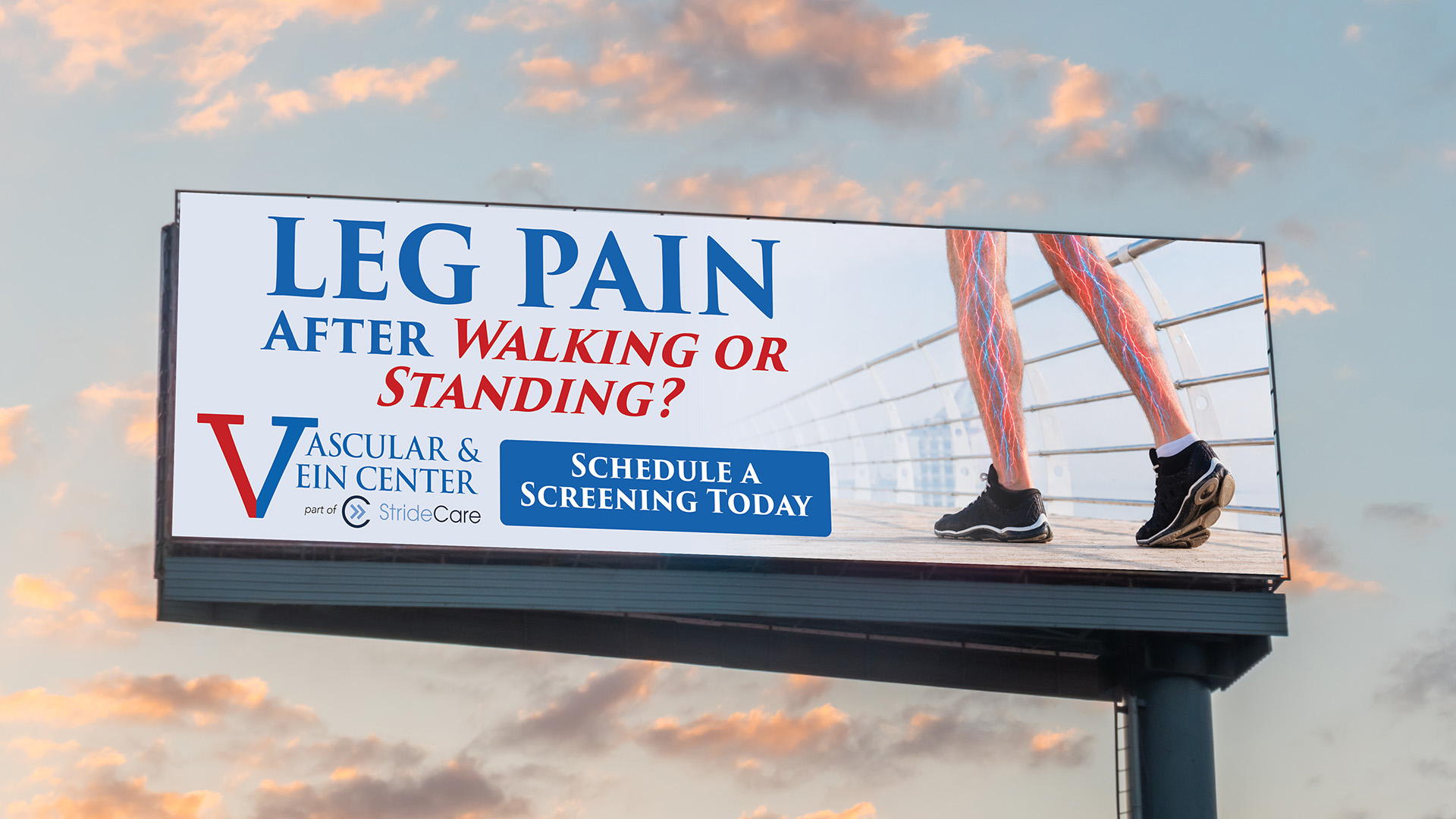 Coastal Vascular and Vein Billboard Vascular and Vein Center billboard reading Leg Pain After Walking or Standing with a screening call to action