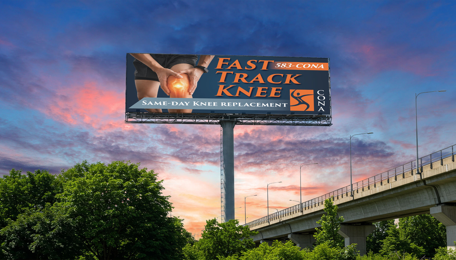 CONA Fast Track Knee billboard advertising same-day knee replacement