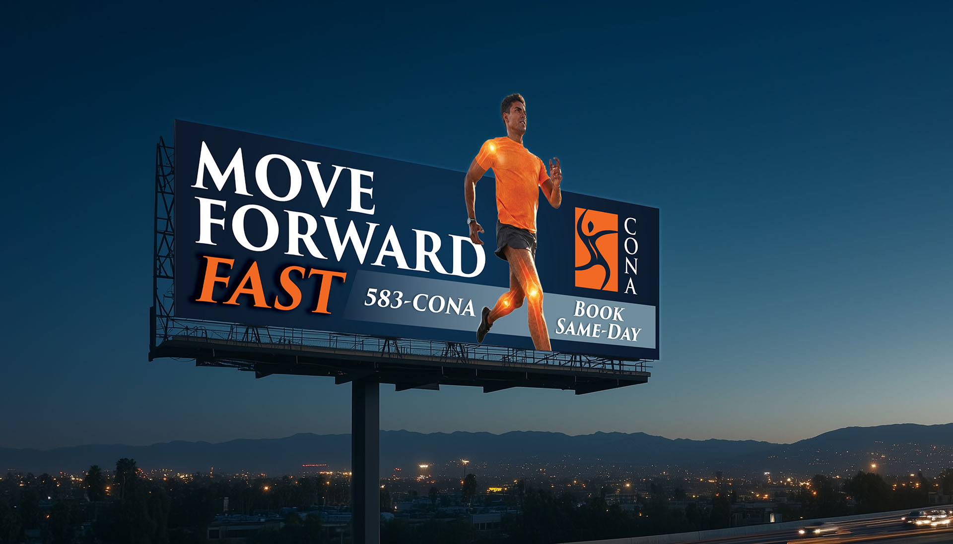 CONA Move Forward Fast billboard with a runner and a same-day booking call to action
