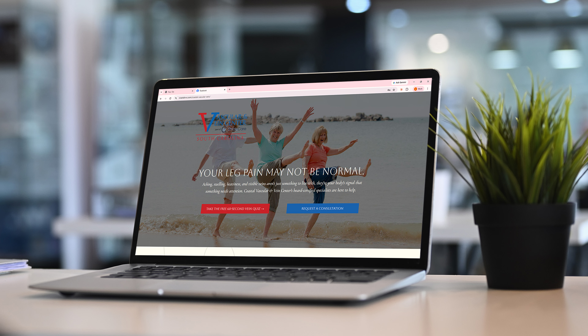 Coastal Vascular and Vein Landing Page Coastal Vascular and Vein landing page open on a laptop reading Your Leg Pain May Not Be Normal