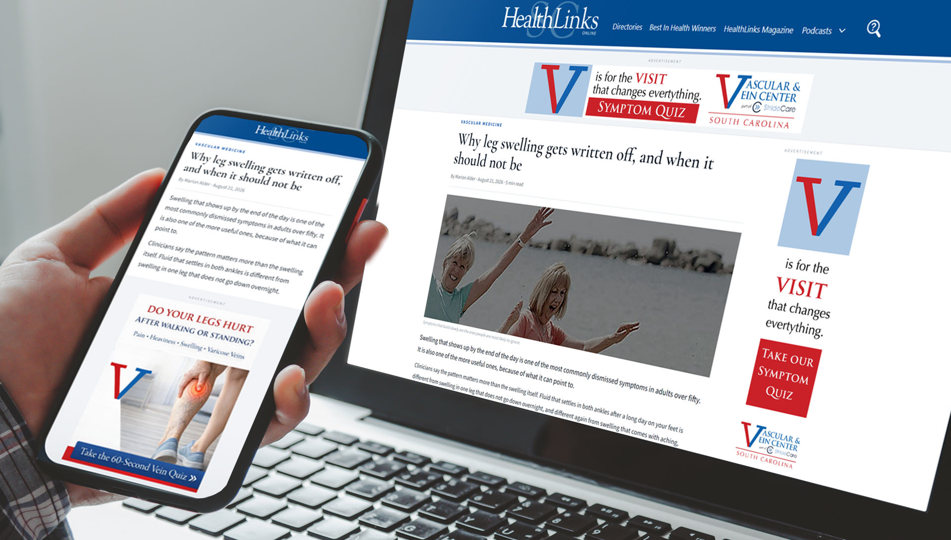 Coastal Vascular and Vein Programmatic Ads Vascular and Vein Center display ads running alongside a HealthLinks article on desktop and mobile