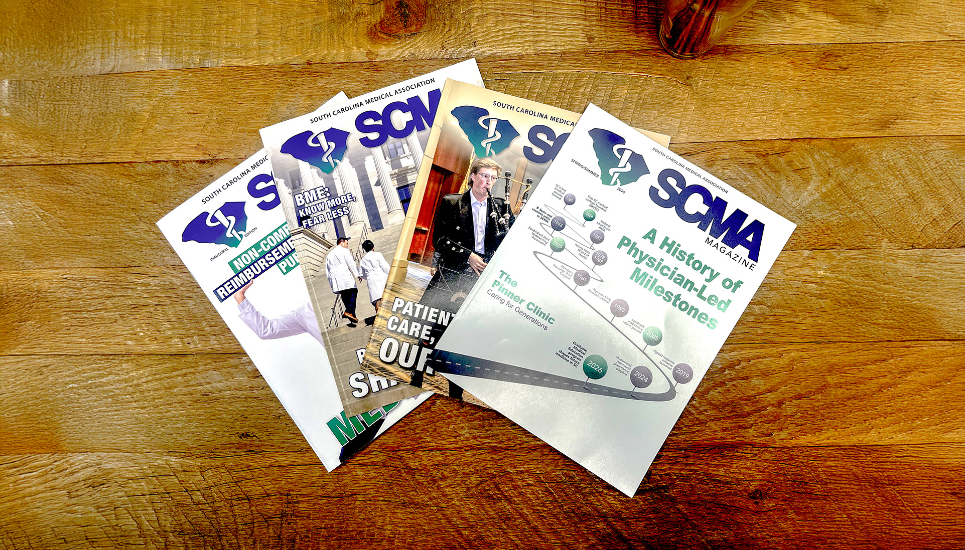 South Carolina Medical Association magazine issues fanned out, including A History of Physician-Led Milestones