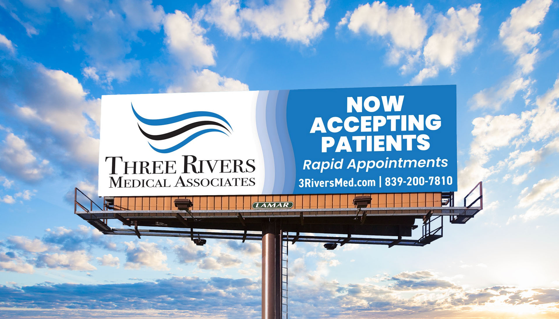 Three Rivers Now Accepting Patients Billboard Three Rivers Medical Associates billboard announcing the practice is now accepting new patients
